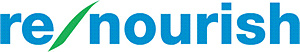 Re-Nourish campaign logo with a green leaf as the hyphen. The text is a lighter blue color.